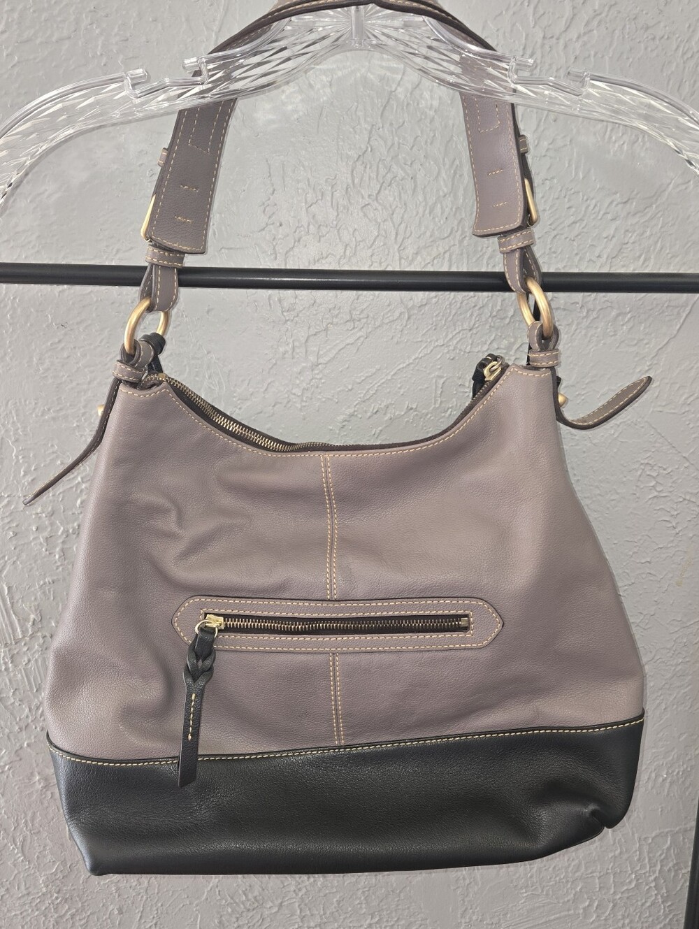Dooney & Bourke Taupe and Black Leather Hobo Shoulder Bag - Picture 6 of 14
